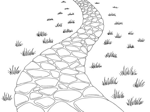 ilustrações de stock, clip art, desenhos animados e ícones de park road landscape graphic black white sketch illustration vector - stone walkway