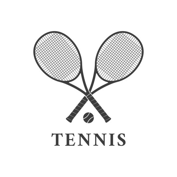 ilustraciones, imágenes clip art, dibujos animados e iconos de stock de diseño de logotipo de tenis o icono con dos raquetas cruzadas y pelota de tenis. ilustración vectorial. - tennis court tennis ball racket