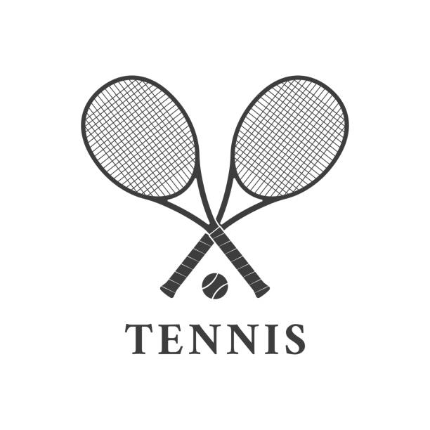 테니스 로고 디자인 또는 두 개의 교차 라켓과 테니스 공 아이콘. 벡터 그림입니다. - racket sport 이미지 stock illustrations