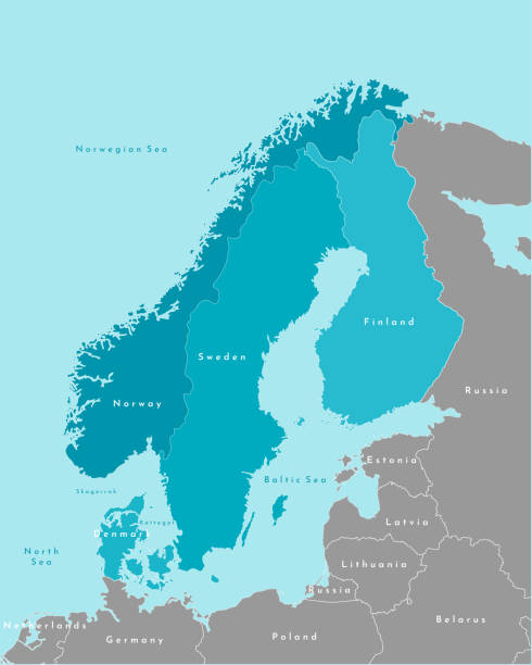 illustrations, cliparts, dessins animés et icônes de illustration d’isolement de vecteur. carte politique simplifiée des pays scandinaves et d’europe du nord aux couleurs bleues (suède, finlande, norvège, danemark) et des zones les plus proches en gris. frontières des états. - map of norway