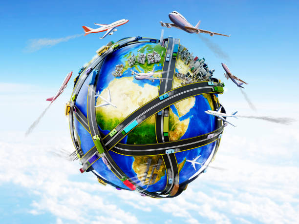 Conceptual 3D render of environment contamination on mother earth. Tar roads with buses, cars and trucks surrounding the globe. Airplanes flying around. Earth image provided by NASA.