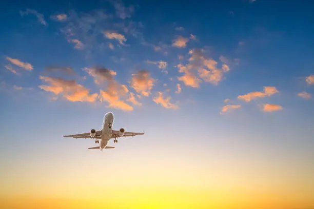 High-altitude airplane and beautiful sky at dusk,China