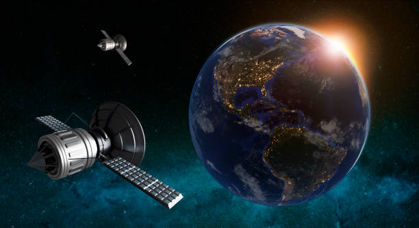 istock 3D render of nightlights on planet earth with satellites in orbit. 1206839546