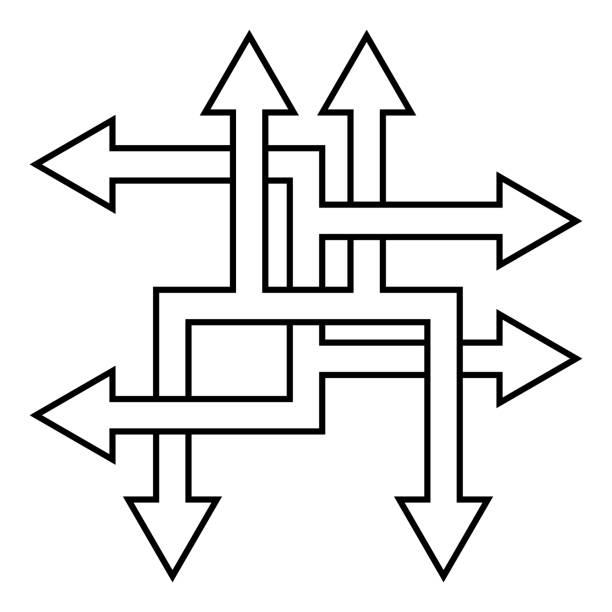 ilustraciones, imágenes clip art, dibujos animados e iconos de stock de formas complejas resuelven problemas complejos, optimización del signo de símbolo de la ruta de dirección de flecha vectorial del proceso - block puzzle organization solution