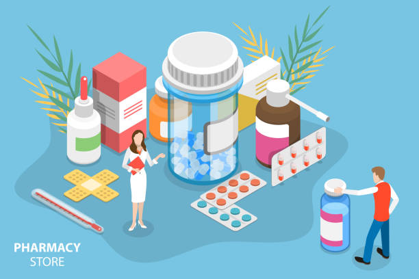 Isometric Vector Conceptual Illustration of Pharmacy Store. Isometric Vector Concept of Pharmacy Store. Pharmacist is Standing Around the Bottles and Boxes with Medicine and Suggesting some to the Customer. vitamin a nutrient stock illustrations