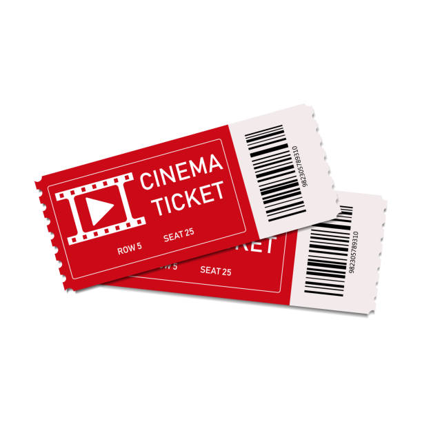 istock Two red cinema tickets isolated on white background. Close up top view on two movie tickets. Realistic front view. Coupon of concert, theatre or film. Cards entrance with row and seat numbers. Vector 1206844313