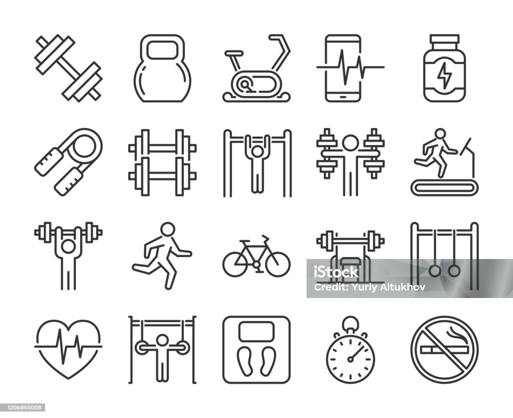 Gym icons. Fitness and Gym line icon set. Vector illustration. Editable stroke. - Royalty-free Ícone arte vetorial