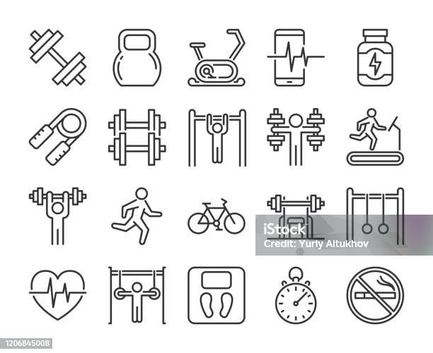 Gym Icons Fitness And Gym Line Icon Set Vector Illustration Editable Stroke - Arte vetorial de stock e mais imagens de Ícone