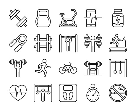 Gym icons. Fitness and Gym line icon set. Vector illustration. Editable stroke