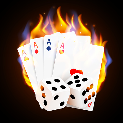 Burning Casino Poker Cards and dices. Online casino and flaming gambling concept. Vector illustration