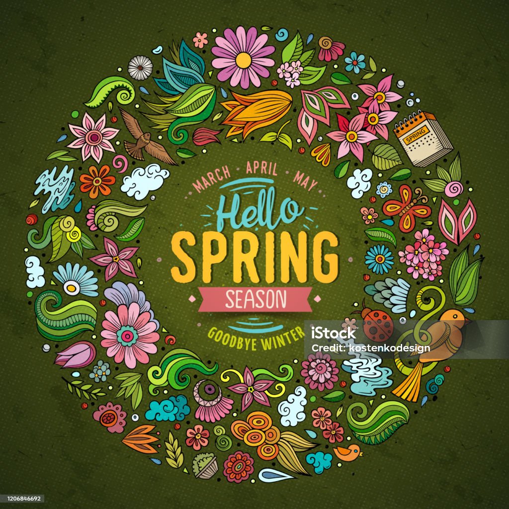 Solid Spring Cartoon Colorful Vector Hand Drawn Set Of Spring Cartoon Doodle Objects Stock ...