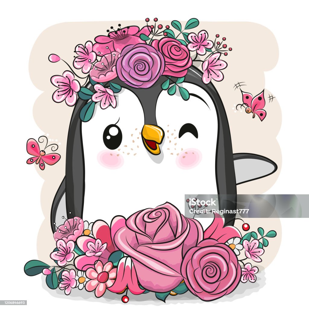 Cartoon Penguin With Flowers On A White Background Stock Illustration -  Download Image Now - Rose - Flower, Flower, Heart Shape - iStock