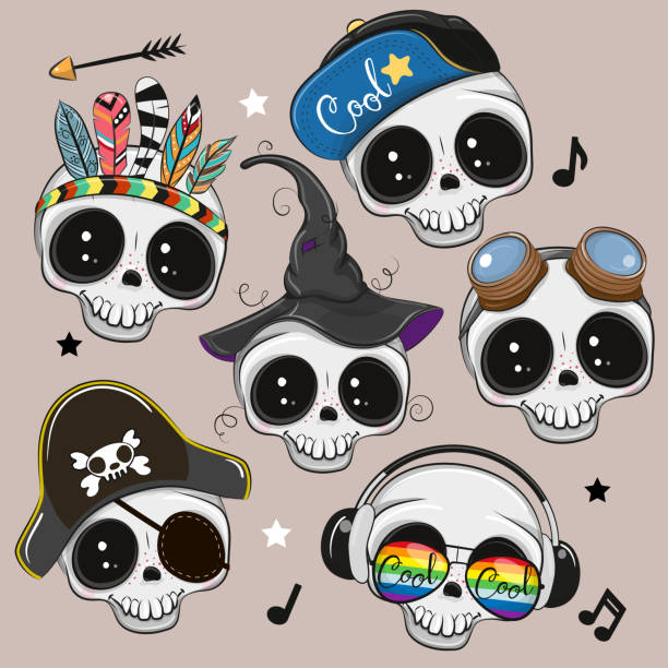 Cute Cartoon skulls isilated on a brown background Set of Cute Cartoon skulls isilated on a brown background cartoon of painted skull faces stock illustrations