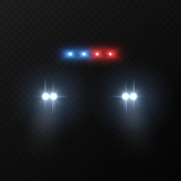 Police car headlights. Patrol police car with flashing light and headlights in dark, automobile silhouette with light effect vector mockup Police car headlights. Patrol police car with flashing light and headlights in dark, justice automobile silhouette with light effect vector mockup police lights stock illustrations