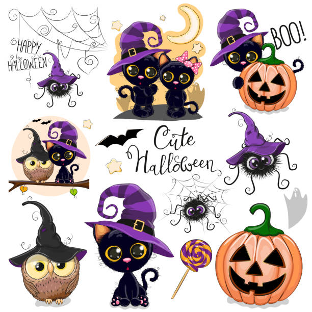 Cute Halloween illustrations with owl, black cat and spider Set of Cute Halloween illustrations and design elements with owl, black cat and spider eye candy stock illustrations