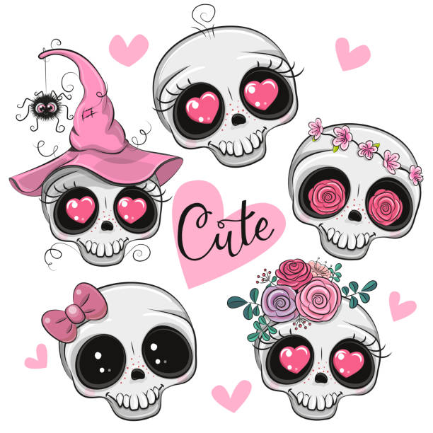 Cute Cartoon skulls with flowers and hearts Set of Cute Cartoon skulls with flowers and hearts on a white background spider on flower stock illustrations