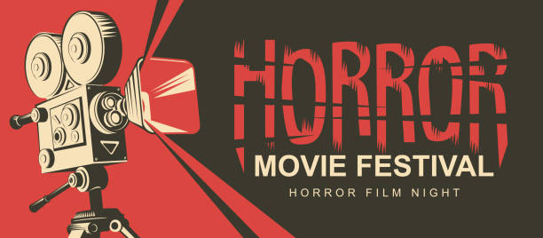 ilustraciones, imágenes clip art, dibujos animados e iconos de stock de festival de cine de terror, cartel de cine de miedo - juego del ahorcado