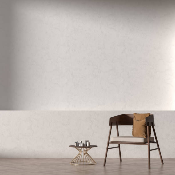 istock Empty wall mock up in modern style interior with wooden armchair. Minimalist interior design. 3D illustration. 1206851235