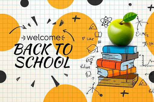 Welcome Back to school web banner, doodle on checkered paper background, vector illustration.