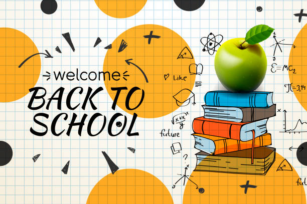 Welcome Back to school web banner, doodle on checkered paper background, vector illustration. Welcome Back to school web banner, doodle on checkered paper background, vector illustration. student backgrounds stock illustrations