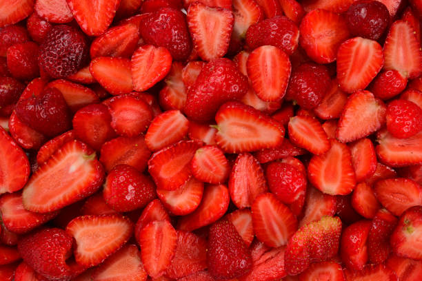 istock Strawberry slices. Fresh berries macro. Fruit background. Top view. 1206855165