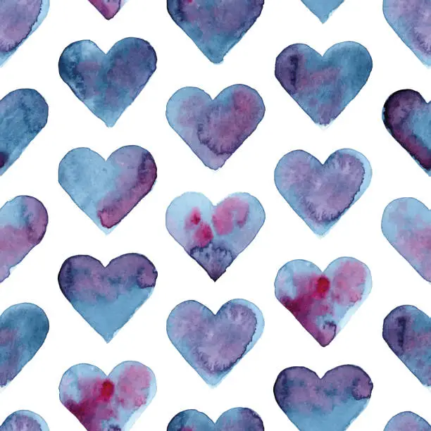 Vector illustration of Vector blue and pink watercolor hearts seamless pattern background