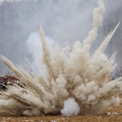 Explosion on the field on reenactment of the battle in War of 1812 near the Borisov, Belarus.