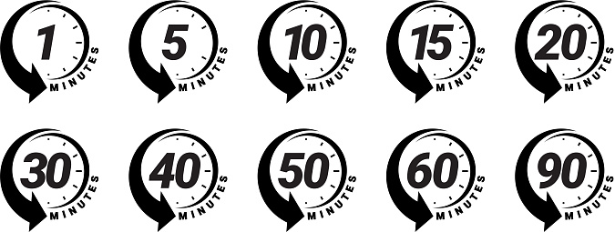 Minute timer icons set. Icons for one minute, five, ten, fifteen or more minutes. The arrow indicates the limited cooking time or deadline for an event or task. Vector illustration