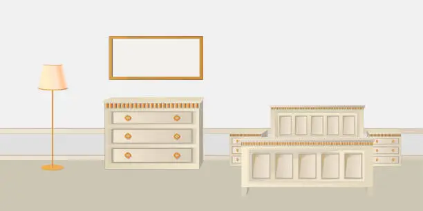 Vector illustration of Classic bedroom in antique style white colors in a bright interior with a floor lamp