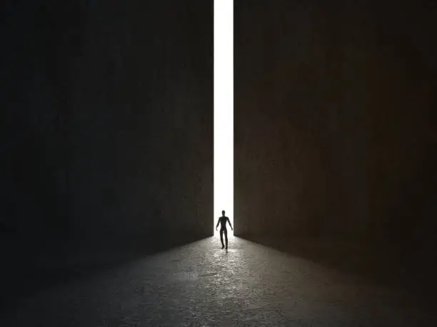 Man walking in a narrow light passage. Concept of self-development, ideas, inspiration and business. 3D rendering.