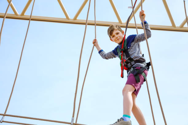 istock Happy little kid boy climbing on high rope course trail. Active child making adventure and action on family vacations. Challenge for brave kids. 1206862020