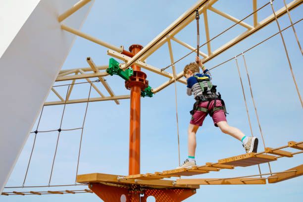 istock Happy little kid boy climbing on high rope course trail. Active child making adventure and action on family vacations. Challenge for brave kids. 1206862038