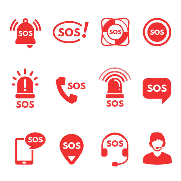 Collection of red flat SOS icons or symbols SOS, alarm or help signals, crisis hotline, helpline dispatcher, ambulance and emergency service, survival, rescue and lifesavers. Collection of red flat icons or symbols. Modern vector illustration. sos stock illustrations