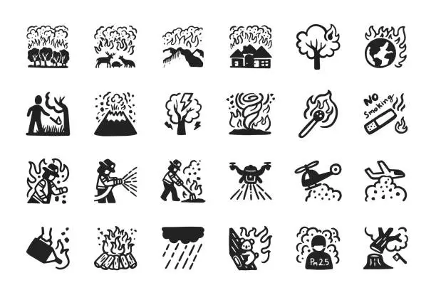 Vector illustration of Wildfire,Forest fire Hand drawn Icon set