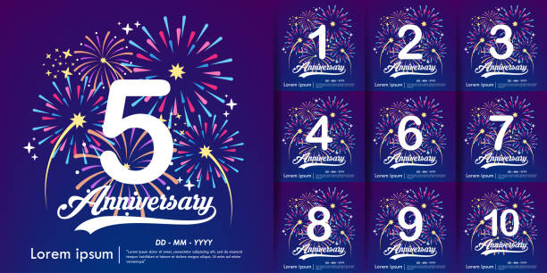 5th Anniversary and Set of white anniversary logo with colorful fireworks background. vector illustration template design for web, flyers, poster, celebration greeting card & invitation card 5th Anniversary and Set of white anniversary logo with colorful fireworks background. vector illustration template design for web, flyers, poster, celebration greeting card & invitation card 10th anniversary stock illustrations