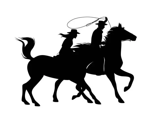 Vector illustration of cowboy and cowgirl horse riders black vector silhouette outline