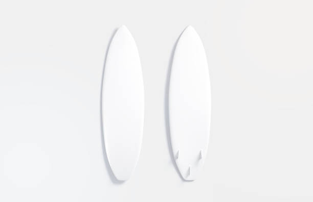 Blank white wood surfboard mockup, front and back, gray background