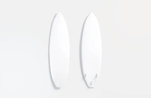 Blank white wood surfboard mockup set, front and back, gray background, 3d rendering. Empty water-skiing brad for paddle on water mock up, top view. Clear plank with fins for surfing mokcup template.