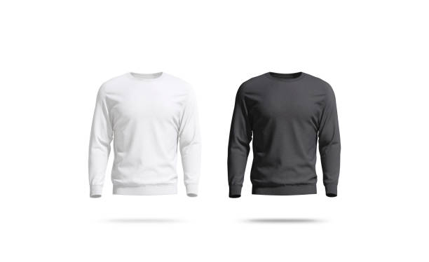 Blank black and white sweatshirt mock up set, front view Blank black and white sweatshirt mock up set, front view, 3d rendering. Empty winter daily clothe mockup, isolated. Clear man overall sweat-shirt for warm outfit mokcup template. round neckline stock pictures, royalty-free photos & images