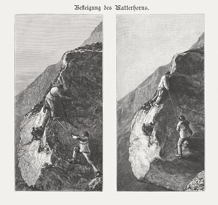 Two men climbing the Matterhorn, Switzerland. Wood engravings, published in 1895.