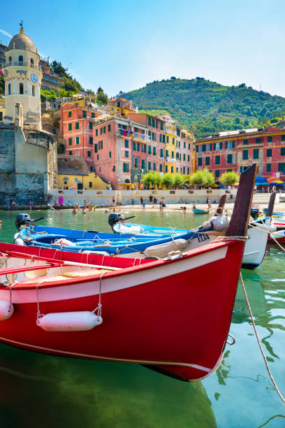 Coastlal village of Vernazza, Italy Vernazza, Italy - July 4, 2019: Picturesque coastal village of Vernazza, Italy. One of the Five towns of Cinque Terre. province of La Spezia. santa margherita ligure italy stock pictures, royalty-free photos & images
