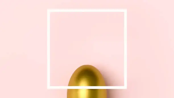 Luxury golden egg poster, Easter holiday wallpaper, minimalist image, top view.  Gold Easter egg on pink modern background, white minimalist frame with space for text.