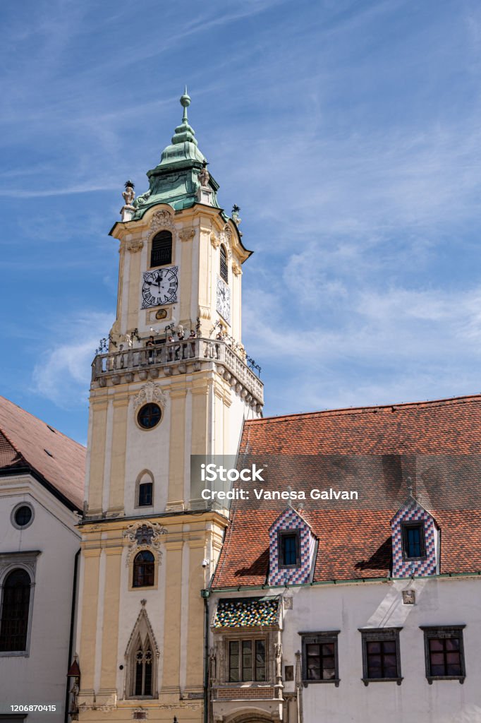 Old town Hall tower in Bratislava view of the facade with the clock Architecture Stock Photo