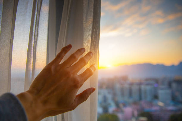 istock Close-up hand open curtan in the morning 1206870505