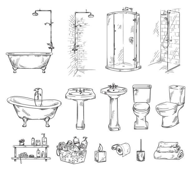 ilustrações, clipart, desenhos animados e ícones de conjunto de objetos do banheiro: banheira, shover, pia e vaso sanitário. esboço de vetor de acessórios de banheiro. - bathtub