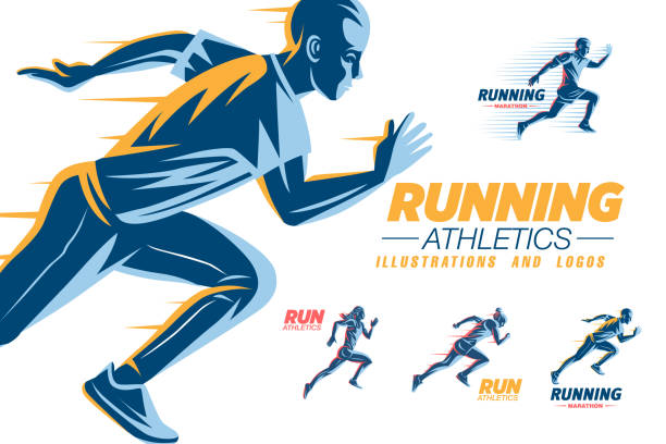 illustrazioni stock, clip art, cartoni animati e icone di tendenza di set di modelli di logo per club sportivi - running