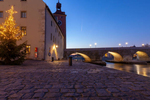 Medieval stone bridge over the Danube River in Regensburg, Bavaria, Germany