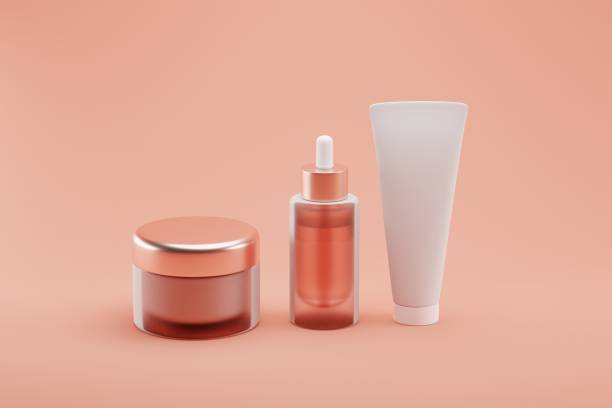 istock Set Blank cosmetic packaging mock up, pastel orange background, 3d rendering 1206874095