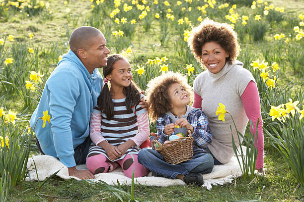 istock Family Relaxing In Field Of Spring Daffodils 120687490