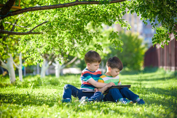 istock Two brother kid is lying on the grass with tablet. 1206878302